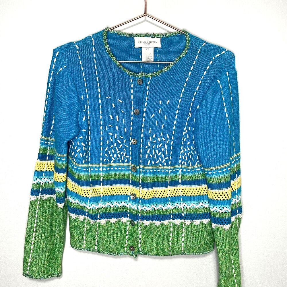 Susan Bristol Vintage 2001 Hand Embroidered Spring Daisy Blue Green Button Up PS